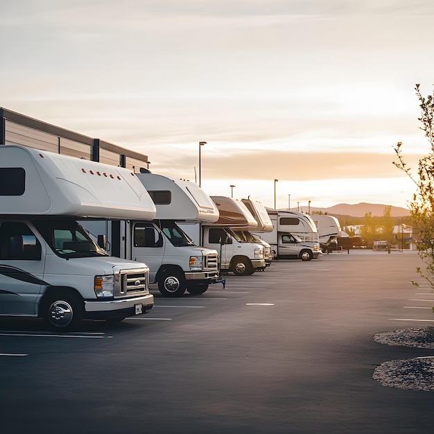 Photo a parking lot with a row of rvs parked in it