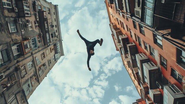 Photo a parkour athlete does a backflip between two buildings with a blue sky and white clouds in the background