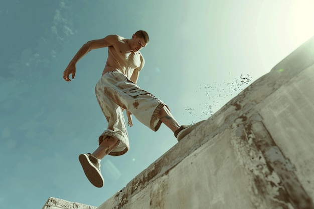 Parkour athlete executing a precision jump onto a