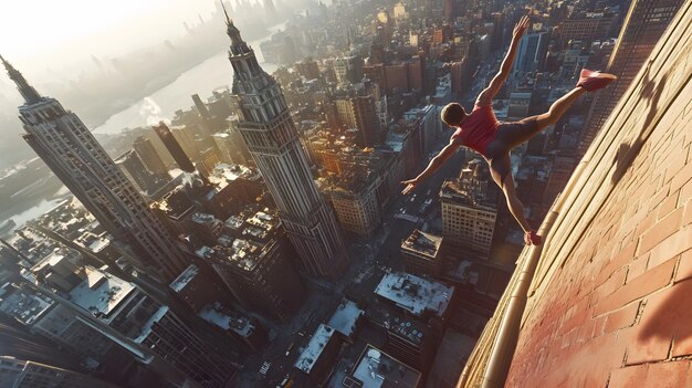 Photo parkour athlete jumping between rooftops in a cityscape