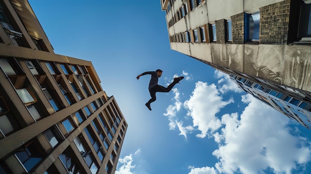 A parkour athlete jumps between two buildings with a blue sky and white clouds in the background