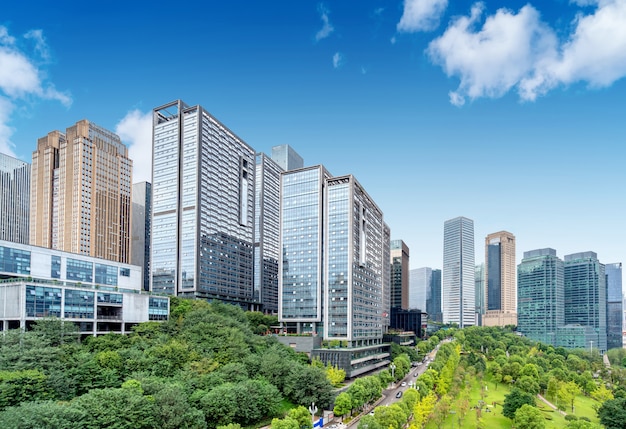 Parks and dense modern buildings, Jiangbei New City, Chongqing, China.