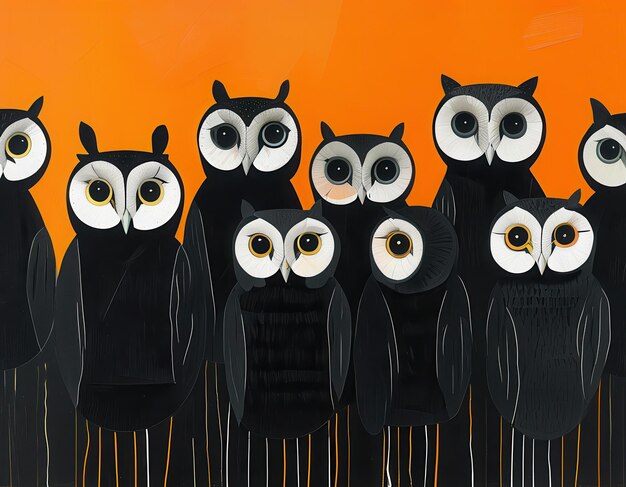 Photo a parliament of peculiar owls peers out with mesmerizing eyes their dark silhouettes contrast sharp