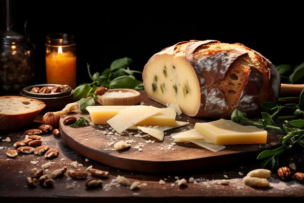 Photo parmesan cheese on a rustic board with toasted bread