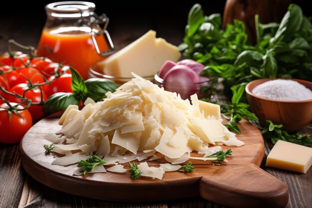 Photo parmesan cheese on a wooden board with pickled vegetables