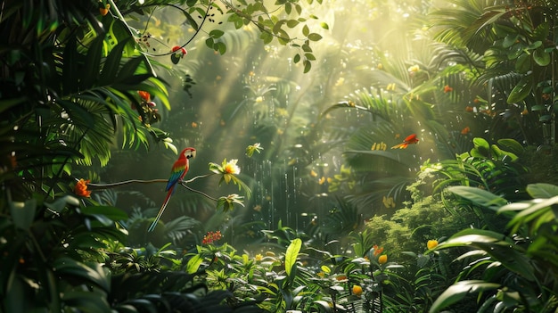 A parrot are perched on a branch in a lush green jungle