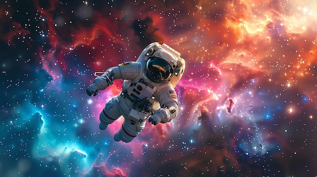 Parrot in an astronaut suit flying through a colorful nebula with stars all around