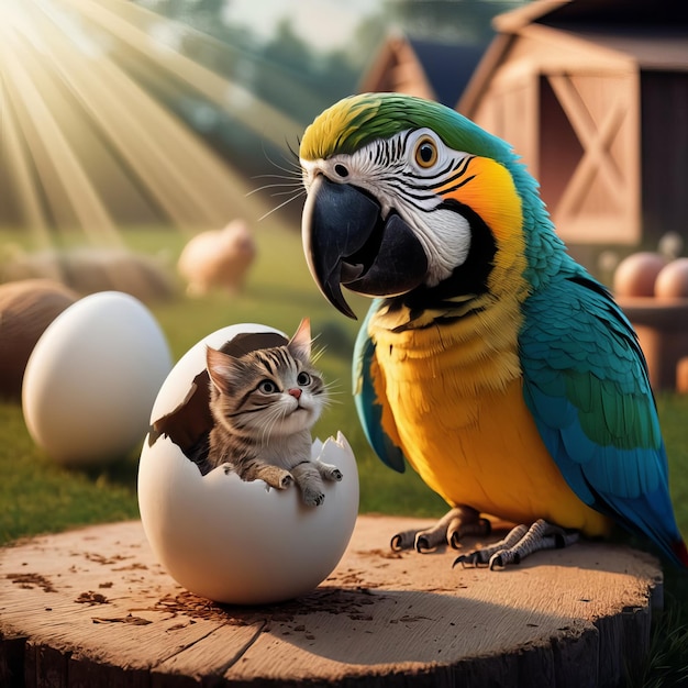 a parrot and a bird looking at a bird in an egg