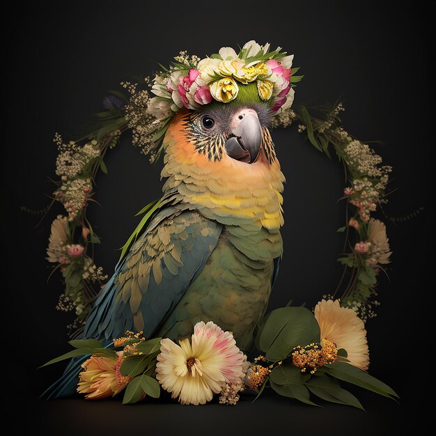 Photo parrot bird with floral flora blooming crown of flowers