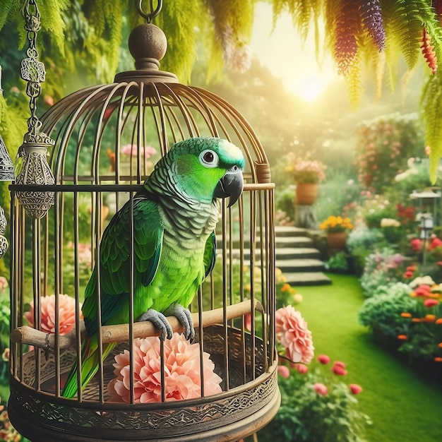 a parrot in a cage with flowers in it the outside view increase the beauty of environment