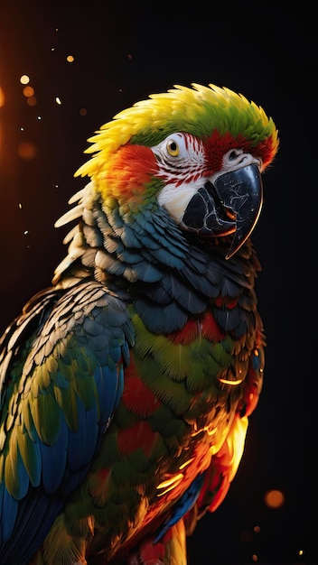 Photo a parrot in clothes made of fire and gold surrounded by the fiery sun and stars