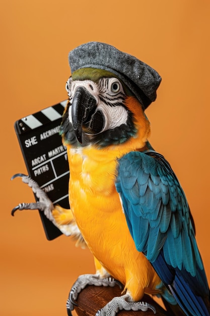 a parrot dressed as a movie director wearing a beret and holding a clapboard iso