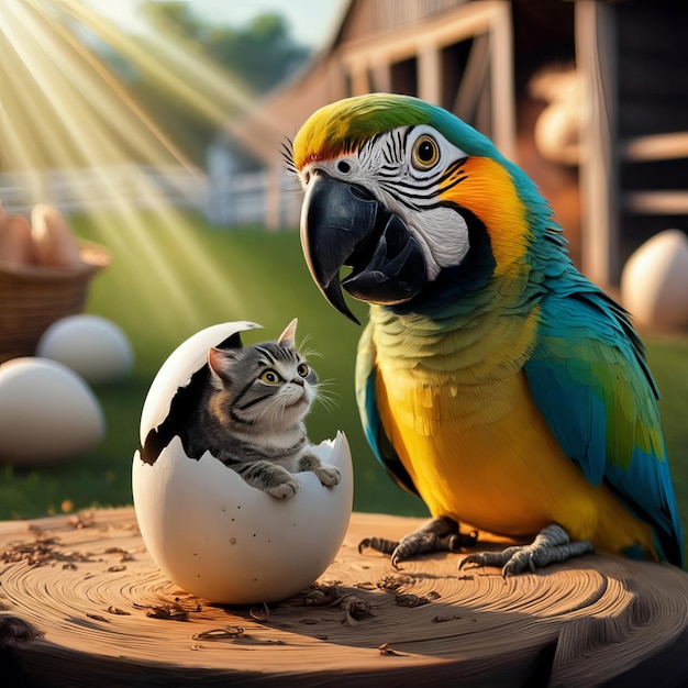 a parrot and an egg are on a table with a cat looking at the cat