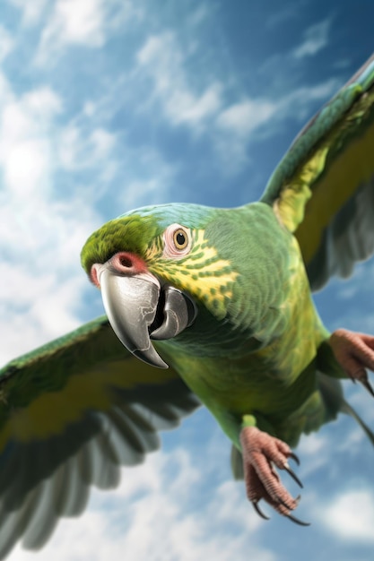 A parrot in flight closeup rain bouncing off feathers