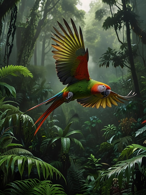 a parrot flying through a jungle with a forest background