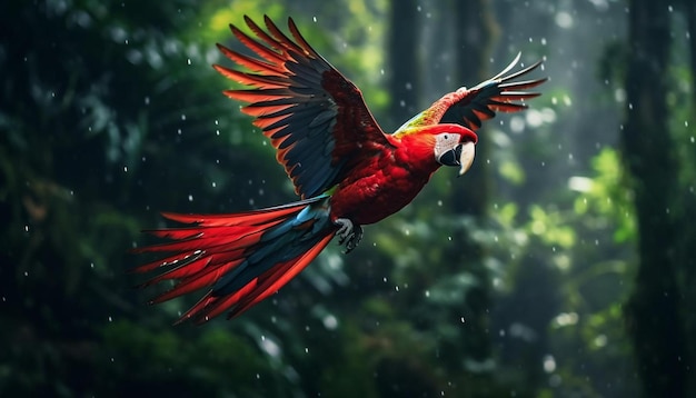 a parrot is flying in the air with a blurry background