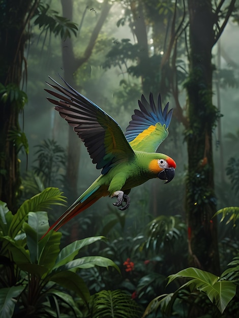 a parrot is flying through the jungle with a red and green tail