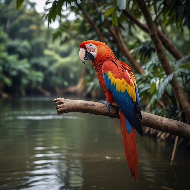 a parrot is perched on a branch with the background of the jungle