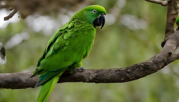 a parrot is perched on a branch with a black beak