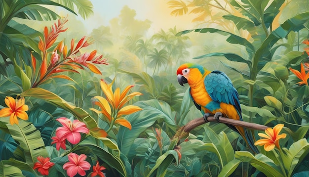 a parrot is perched on a branch with flowers and a tropical scene