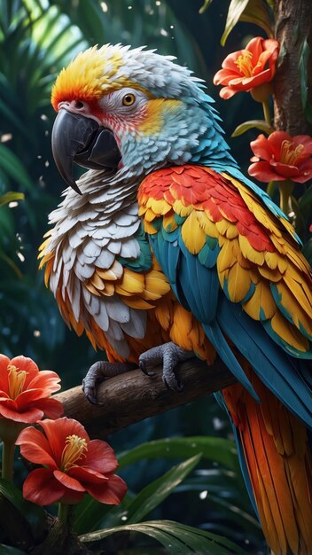 Photo a parrot is perched on a branch with flowers