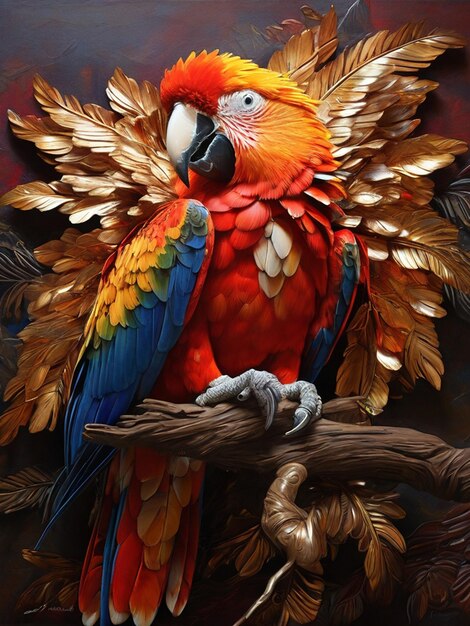 a parrot is perched on a branch with gold feathers