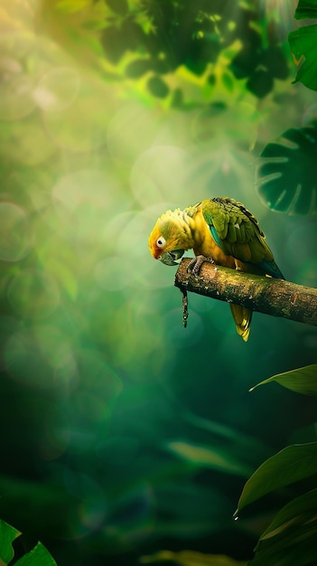 a parrot is perched on a branch with a green background