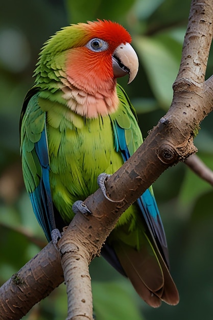 a parrot is perched on a branch with a green and orange beak