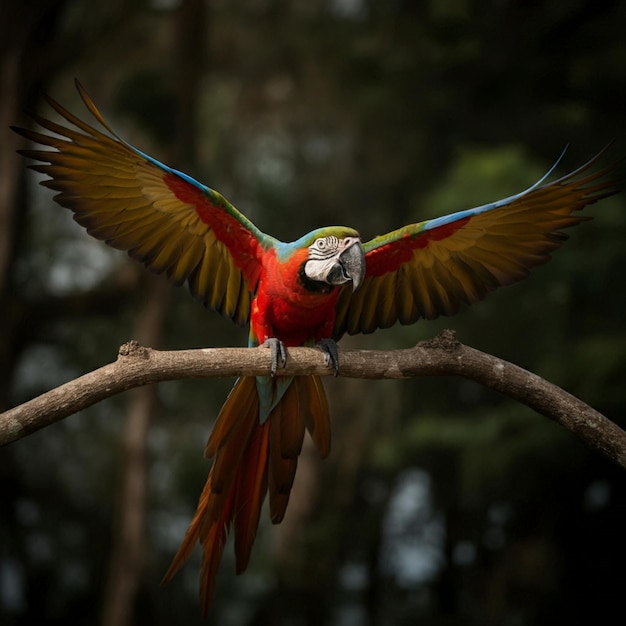 a parrot is perched on a branch with its tail open