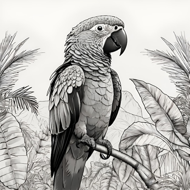 Photo a parrot is perched on a branch with palm leaves in the background