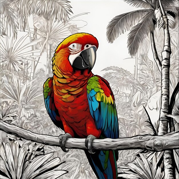 Photo a parrot is perched on a branch with palm trees in the background