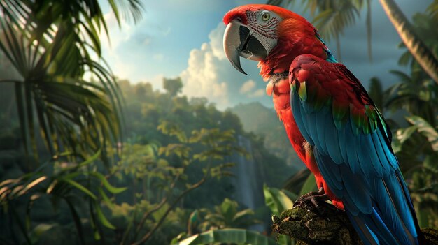 a parrot is perched on a branch with a waterfall in the background