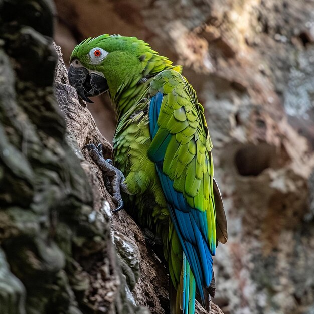 Photo a parrot is perched on a rock and looking out a hole