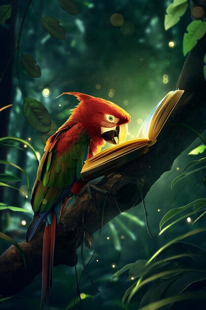 a parrot is perched on a tree branch with a book titled parrot