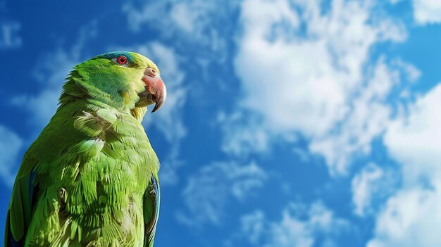 Photo a parrot is sitting on a branch with clouds in the background