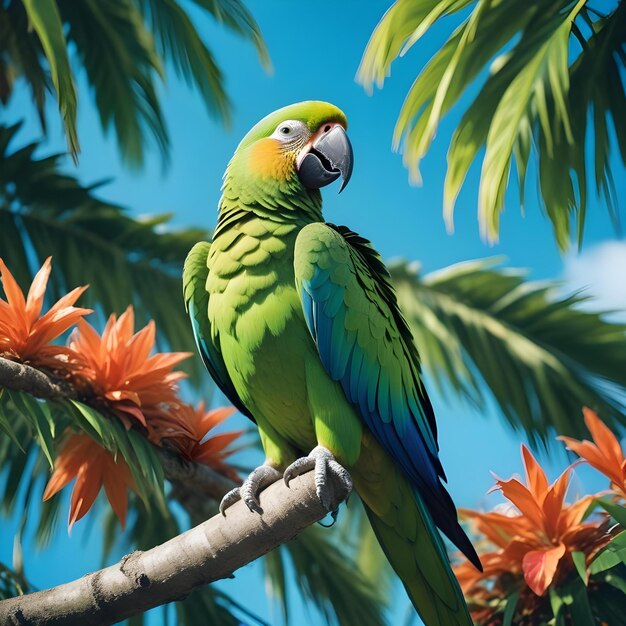 Photo a parrot is sitting on a branch with flowers in the background