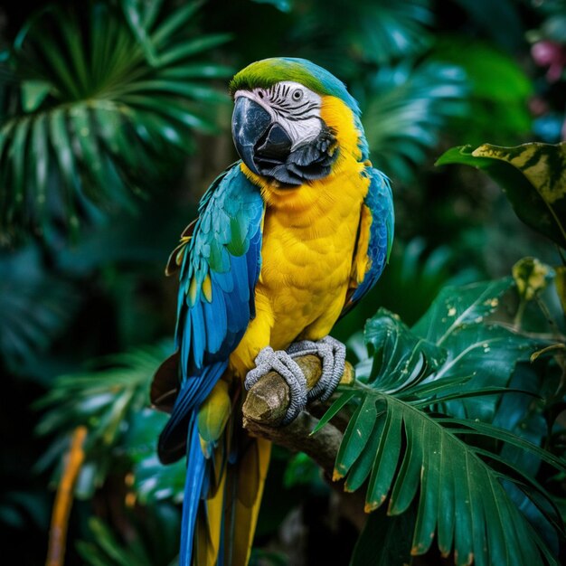 a parrot is sitting on a branch with a green and blue tail