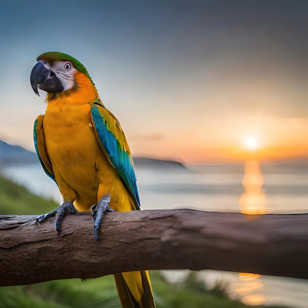 A parrot is sitting on a branch with the sun setting behind it.