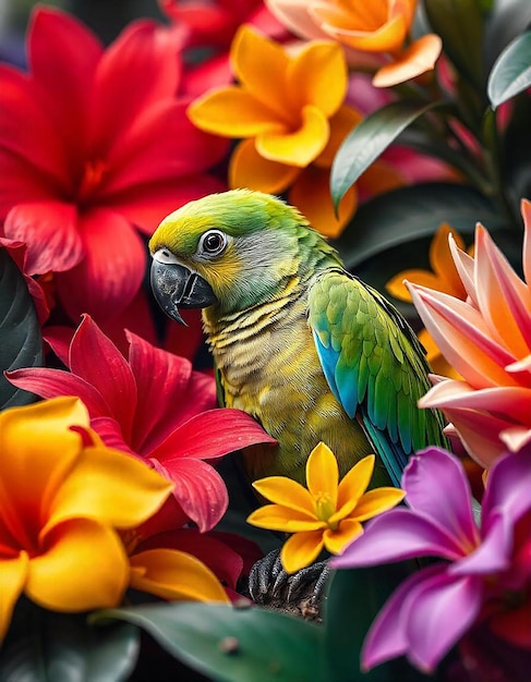 Photo a parrot is sitting in a bunch of flowers and has a black beak macaw image