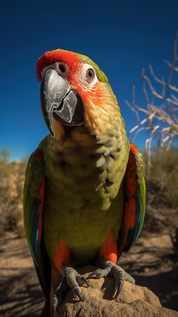 A parrot is sitting on a rock in the desert.