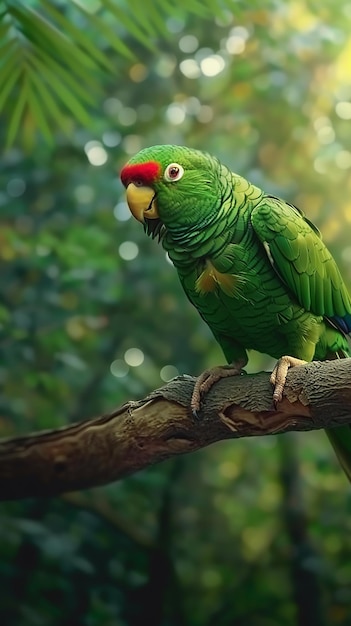 Photo a parrot is sitting on a tree branch with a blurry background