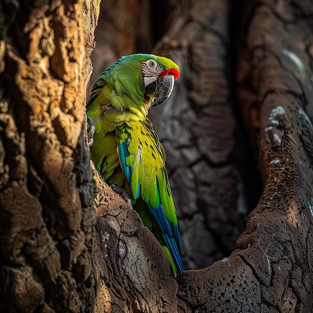 Photo a parrot is sitting in a tree with a green and blue tail