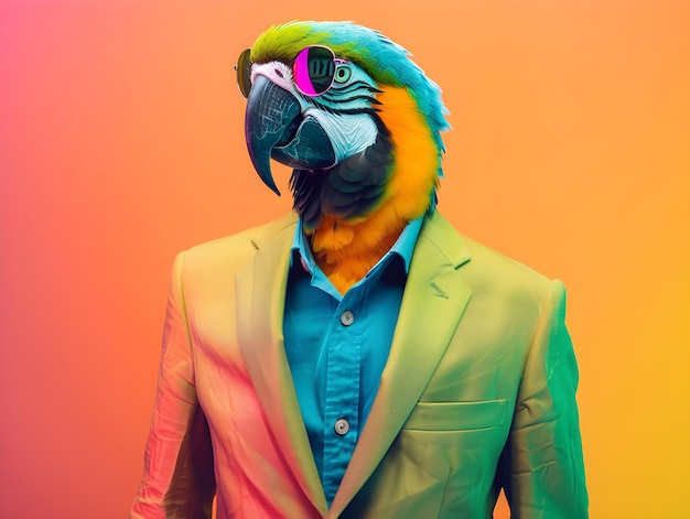 a parrot is wearing a suit and a jacket with a colorful shirt