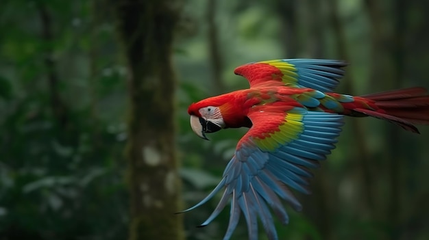 A parrot in the jungle with its wings spread out.