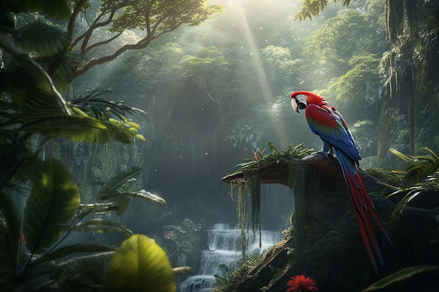 A parrot in the jungle with a waterfall in the background