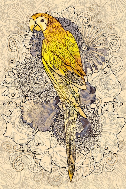 parrot line art with yellow colored on floral design element,illustration