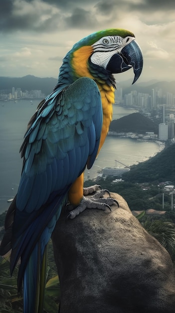 A parrot macaw with a blue and yellow body sits on a rock in brazil