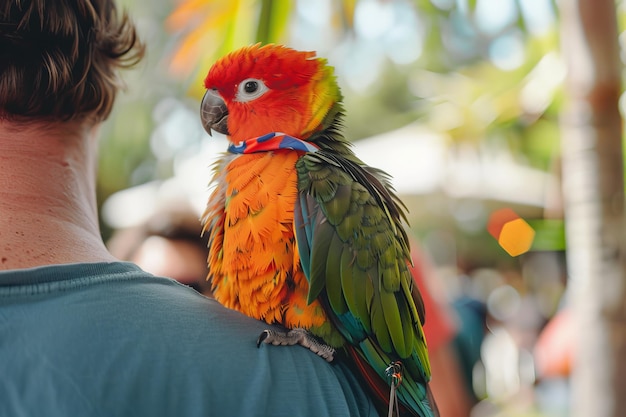 Photo parrot perched on its owner39s shoulder displaying its colors