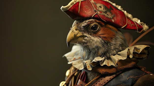 Parrot in a pirate costume cocked hat Mascot mans little friend pet closeup feathers photo shoot in a pet costume The feathered muzzle expresses pride Generative by AI