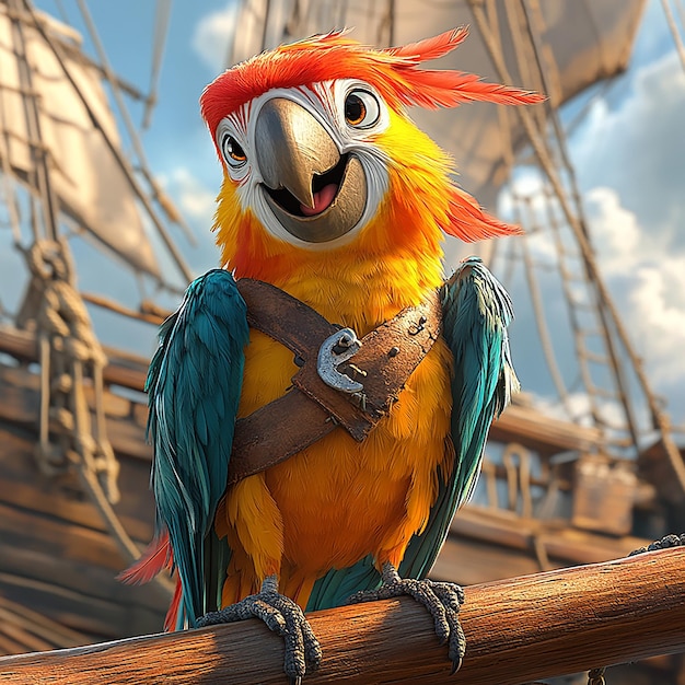 Photo a parrot pirate sitting on top of the mast in a cartoon style with a white background concept art